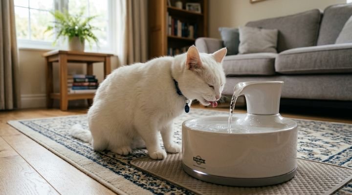 gato bebiendo agua de fuente automática