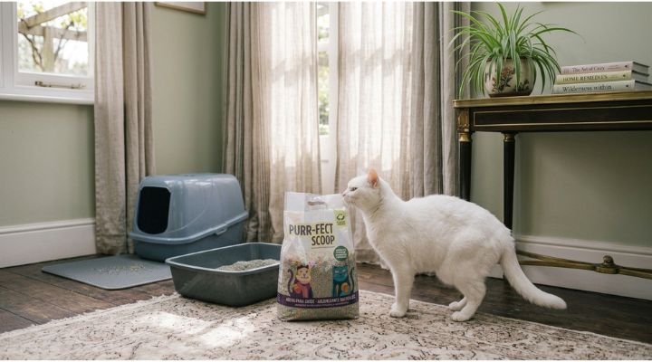gato inspeccionando su arena para gatos